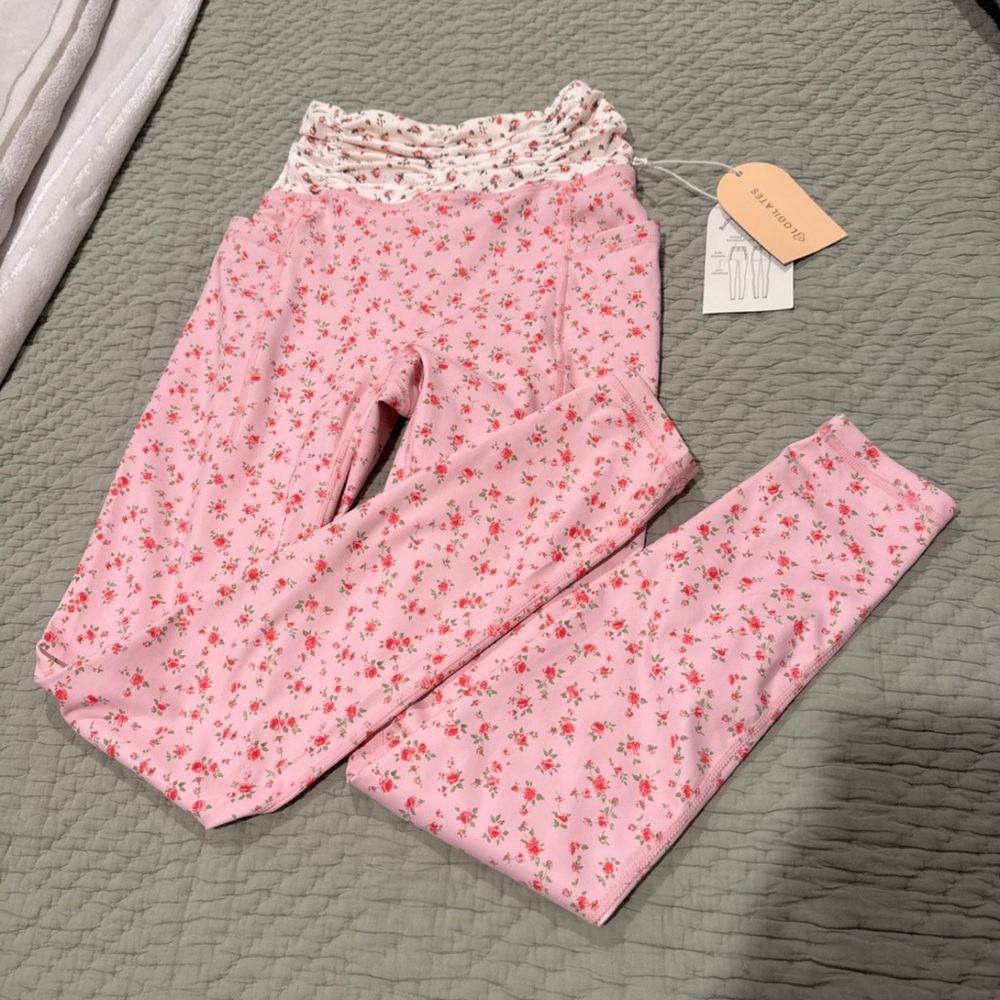 Pink Floral Leggings with Fold-Over Waistband
